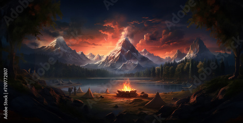 campfire in the forest, sunset in the mountains, a bonfire in a field surrounded by trees