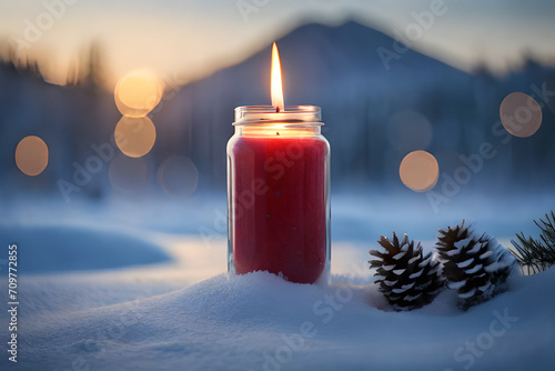 lit red candle in a jar in a snowy background , winter theme © eric