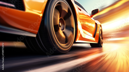 fast moving sport car on highway wallpaper Highway . Powerful acceleration of a supercar illustration . Closeup poster © adel