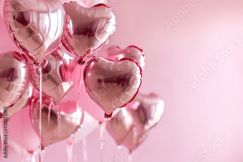 light pink backdrop with foil heart shaped balloons