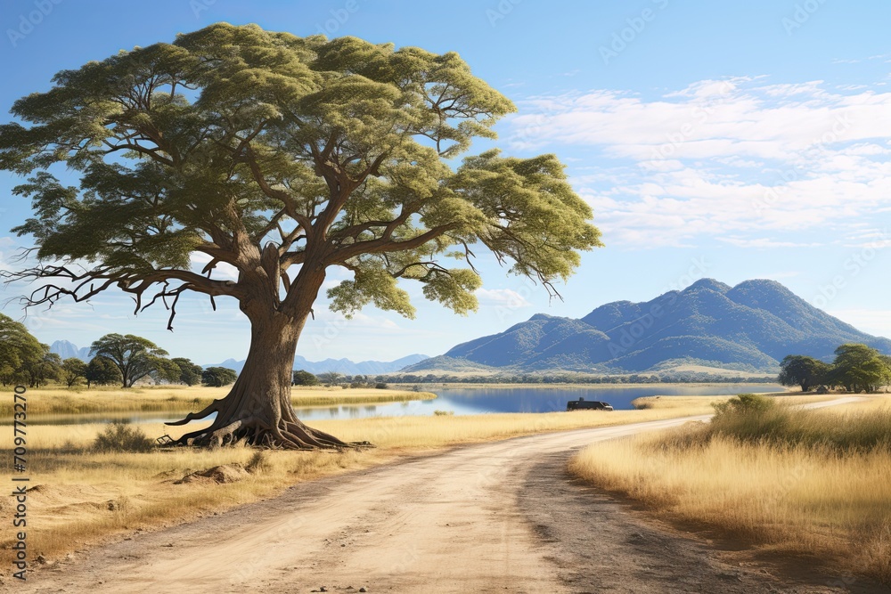 Nature of Malawi. Landscape with a tree. Mountain in the background. Generative AI Art. Beautiful view. Nature of Malawi. Landscape with a tree. Mountain in the background. Generative AI Art. Beautiful view.