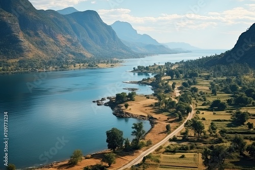 Landscape of Malawi with lake and mountains. Aerial drone view. Generative AI Art. Beautiful view.