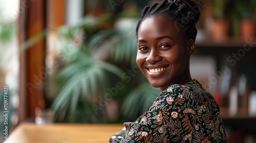 African American entrepreneur at her work, grinning.