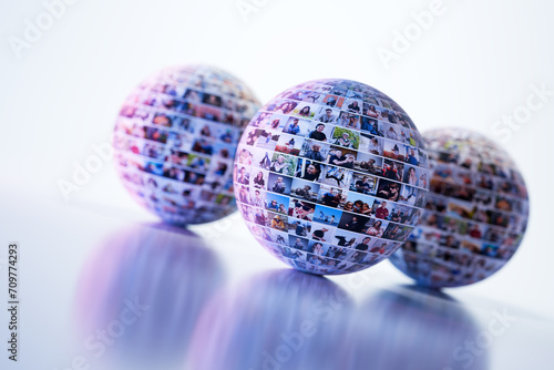 Social media balls with people pictures, online network concept