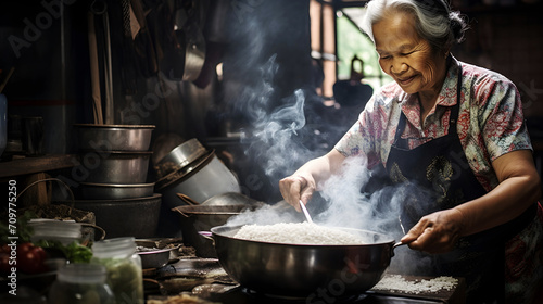 Asian grandmother cooks traditional dishes in a dim, cluttered kitchen, preserving cultural heritage with heartfelt culinary artistry photo