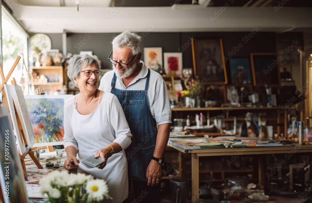 In their art studio, the older couple bonds over a shared passion, capturing imaginative moments through sketches and creative collaboration In their art studio, the older couple bonds over a shared passion, capturing imaginative moments through sketches and creative collaboration