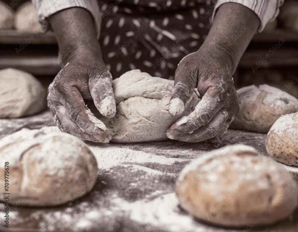 afro american bakes fresh bread in a bakery