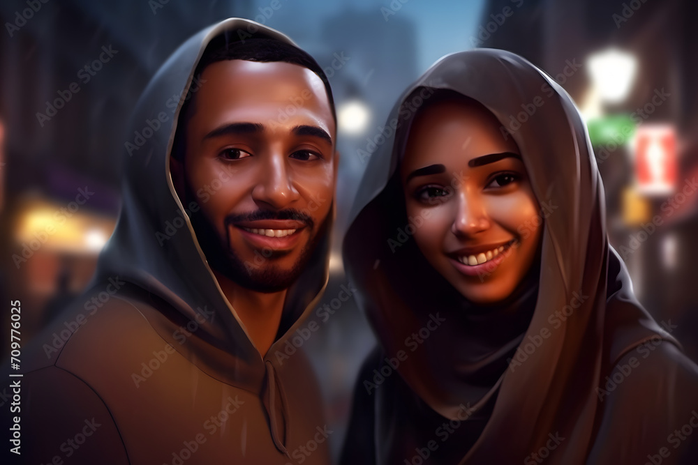 Young couple in love standing in the rain. Neural network AI generated art Young couple in love standing in the rain. Neural network AI generated art