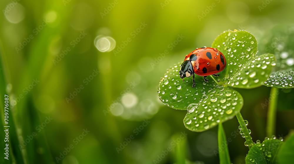 A ladybug crawls on a four-leaf clover, dew A ladybug crawls on a four-leaf clover, dew