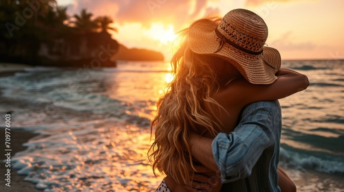 On a tropical beach, a woman happily hugs a man.