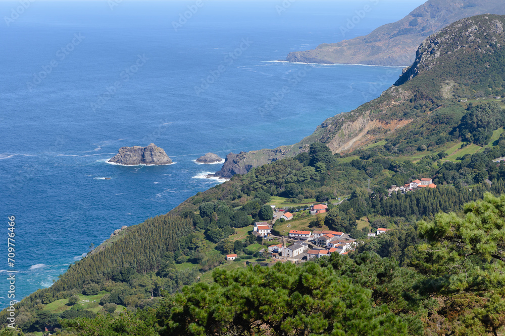 top view of a picturesque village on the rocky sea coast, beautiful natural landscape