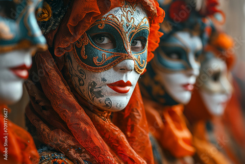 People in Italian Carnival Costume with Mask and Colorful and Party Dresses, Women Creating a Kaleidoscope of Festive Elegance and Enigmatic Revelry for Venice © Simn