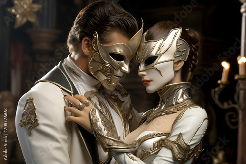 Carnival Masquerade Ball with Elegant Costumes, Italian Carnival Ball Features Masks and an Atmosphere of Mystery, Romance, and Seduction in a Venize Dance photo