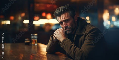 man cigarette, Man sitting at a bar smoking a cigarette looking sad photo