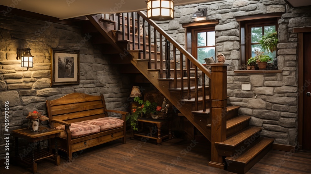Obraz premium Cozy modern entrance hall with rustic wooden staircase and stone cladding wall in a warm home