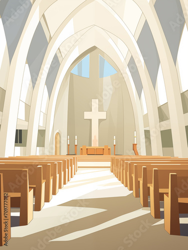 Capela de uma igreja branca com bancos de madeira clara - Ilustração simples clara photo