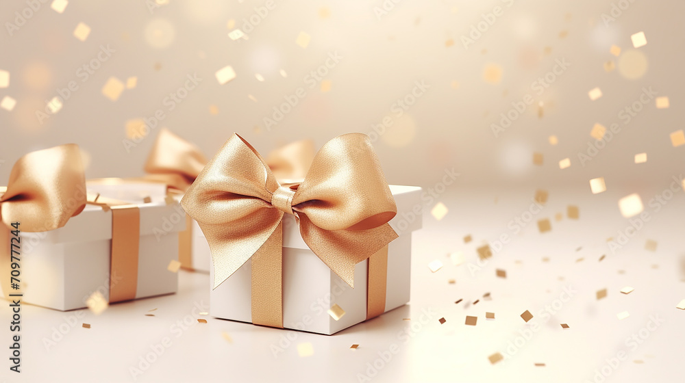 elegant simple design 3d gift box gold ribbon bow on beige pastel background elegant simple design 3d gift box gold ribbon bow on beige pastel background