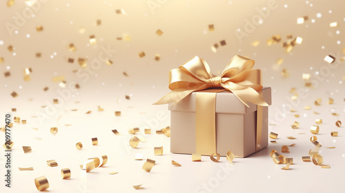 elegant simple design 3d gift box gold ribbon bow on beige pastel background © Aura
