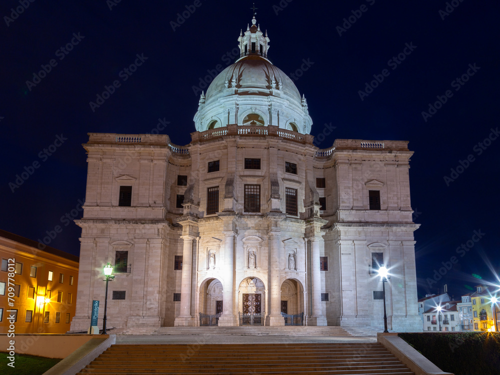 The Church of Santa Engrácia, a 17th-century monument converted into the National Pantheon seen at night in the Alfama neighbourhood, Lisbon, Portugal