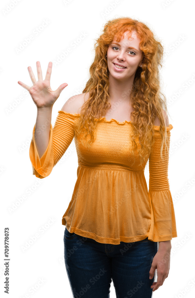Young redhead woman showing and pointing up with fingers number five while smiling confident and happy. Young redhead woman showing and pointing up with fingers number five while smiling confident and happy.