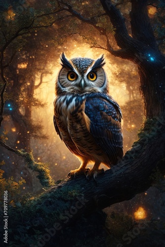 Cute owl inhabitant of the mysterious magical forest © Karina