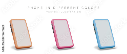 3D smartphone with case of different colors. Modern gadget with blank screen