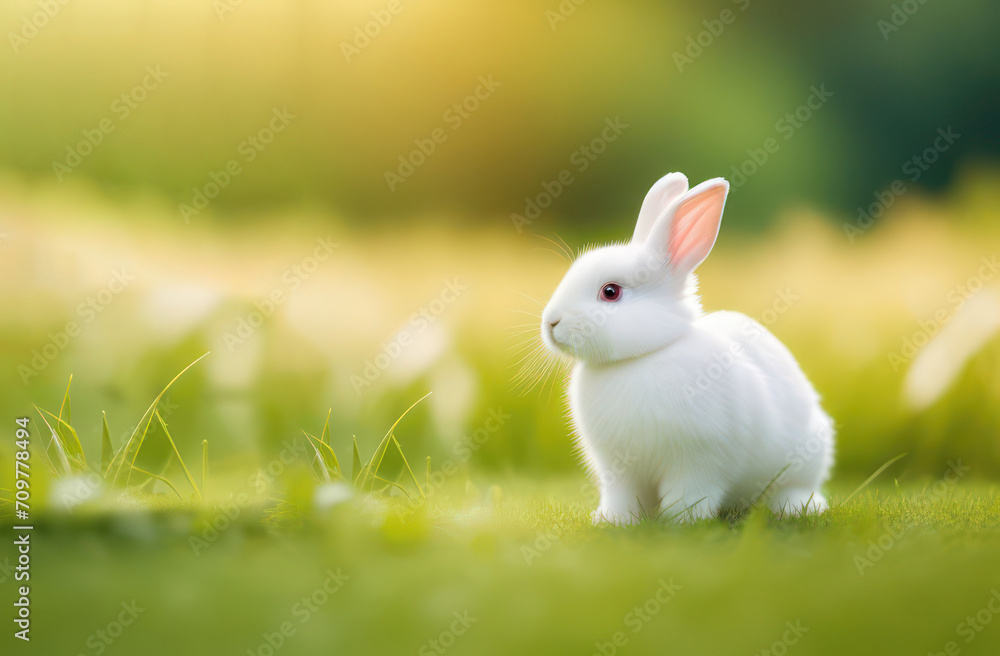 A small white fluffy bunny on a lawn in the grass, beautifully illuminated by the sun