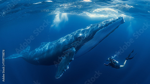 Diver encountering a majestic whale in the deep blue ocean.
