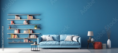 Scandinavian blue nova living room with sofa, chair, and bookshelf against vibrant blue wall.