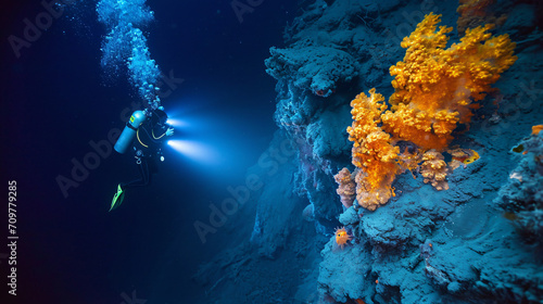 Diver exploring a hydrothermal vent and its unique marine life in the deep ocean.