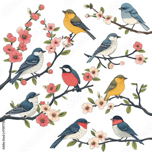 Bright birds on a tree with flowers