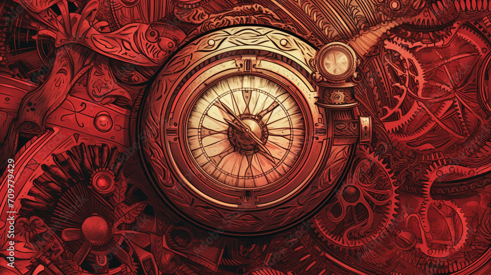 Fototapeta premium Red, vintage background, products, enginer, generative, ai, steampunk, background, clockwork, brooch, plate, utensils, dish