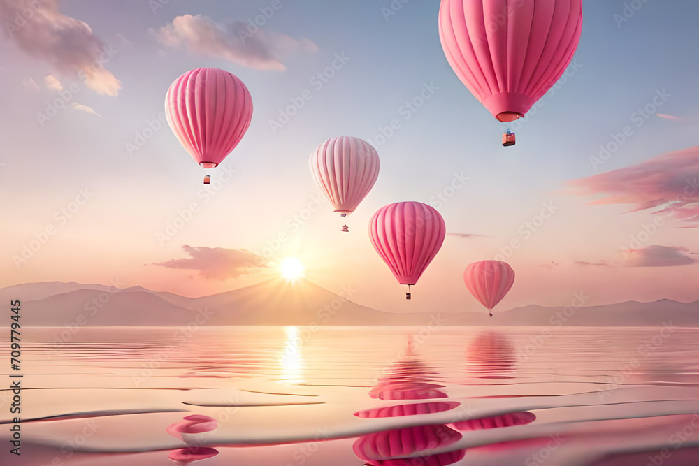 Fototapeta premium soft and romantic cloudy atmosphere , pink clouds and hot air balloons 