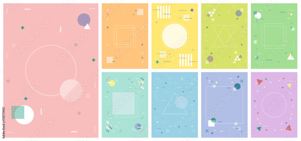 set of 9 vertical poster backgrounds with geometric and abstract graphics in pastel tone colors