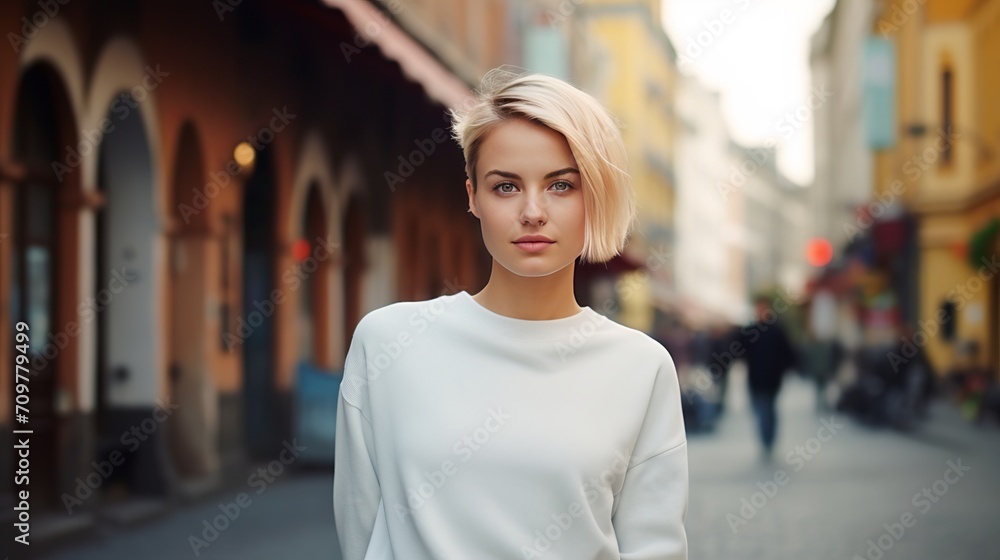 Positive young woman standing on a street close to an old historic structure, wearing a trendy dress and short blond hair, smiling and staring at the camera