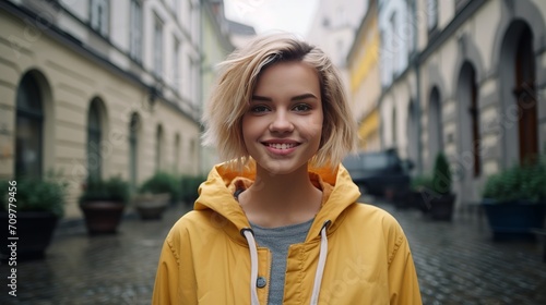 Positive young woman standing on a street close to an old historic structure, wearing a trendy dress and short blond hair, smiling and staring at the camera
