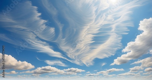 A scene of a serene blue sky adorned with wispy clouds, where the sun creates elegant patterns through the soft, drifting formations - Generative AI photo