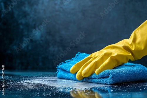 Hand in a rubber glove with a rag cleaning the table. Dark blue background. Cleaning service concept with copy space.