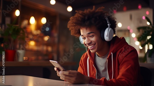 Satisfied African American teenager in a studio with a blurred background, enjoying music on her headphones as she browses her phone and checks her playlist.