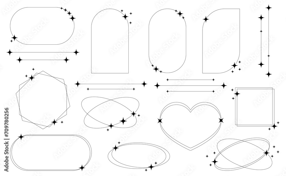 Fototapeta premium Set of geometric aesthetic abstract line frames and shapes with stars boho, brutalism, Y2K style. Geometric elements with sparkles for template design social media, poster, banner, logo, stickers