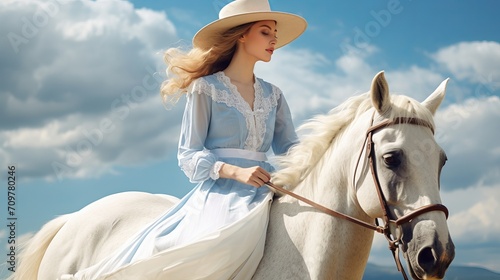 A side view of a woman wearing a bonnet riding a stunning white horse against a blue sky in a rural setting © Suleyman