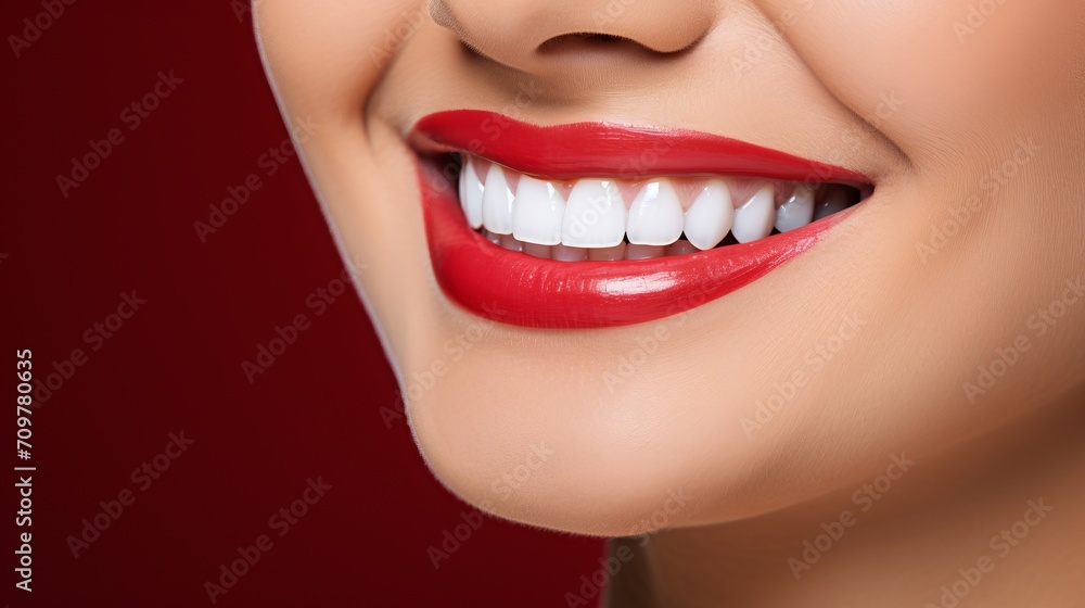 Close up portrait of woman with perfect red lips and clear white teeth, radiant smile. Close up portrait of woman with perfect red lips and clear white teeth, radiant smile.