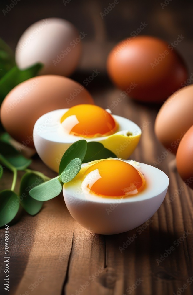 Vertical frame with cut hard-boiled eggs and raw yolk. Concept, cooking, food, Easter, kitchen Vertical frame with cut hard-boiled eggs and raw yolk. Concept, cooking, food, Easter, kitchen