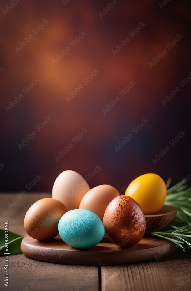 Side view of a wooden background with chicken colorful eggs. Easter concept, food Side view of a wooden background with chicken colorful eggs. Easter concept, food