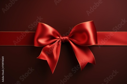 A red ribbon, neatly tied with a bow, set against a brown background