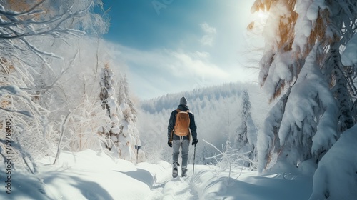 A snowboarder strolling in a winter woodland. A lovely day spent ski touring across the snow-capped Alps.