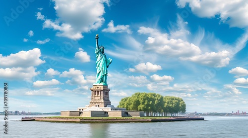On Liberty Island in New York, the Statue of Liberty is set against a cloudy blue sky.