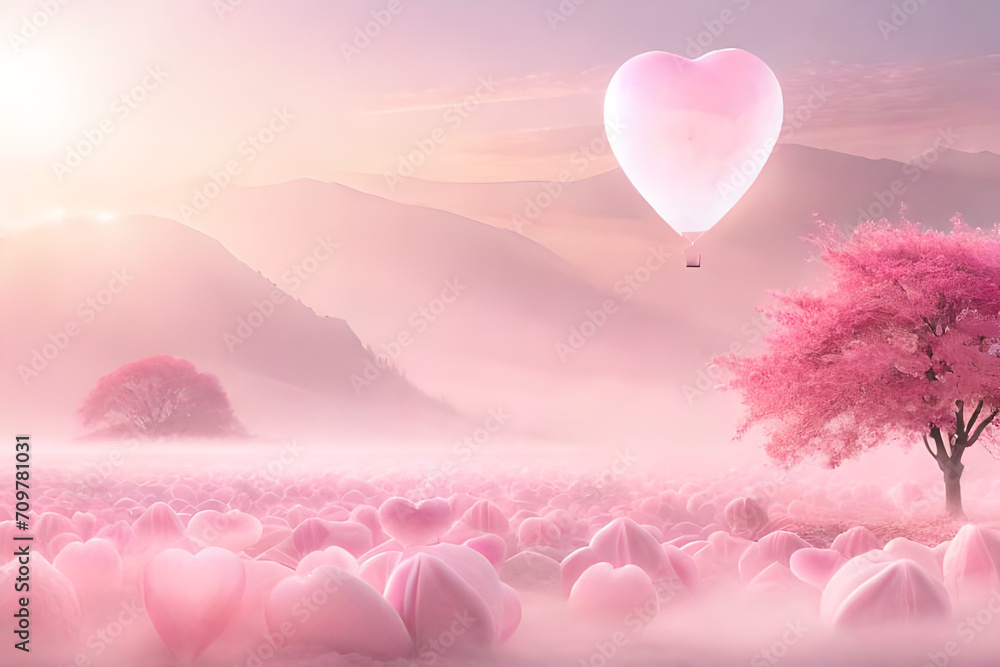 pink ethereal romantic cloudy landscape , valentines and love concept