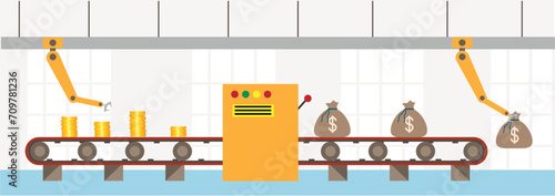Factory Conveyor Belt Generating Money. Earnings and doing business concept vector