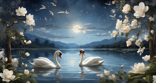 A scene of a tranquil lakeside, adorned with elegant swans gliding gracefully on calm waters under a starlit sky - Generative AI
